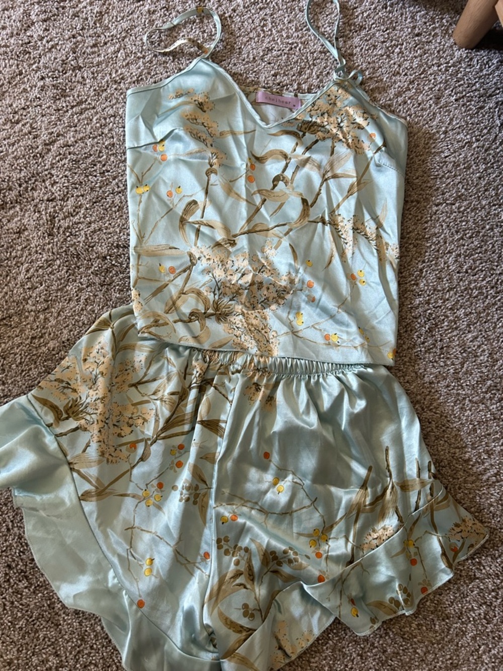 Floral Satin Cami & Short Pajama Set - Light Aqua